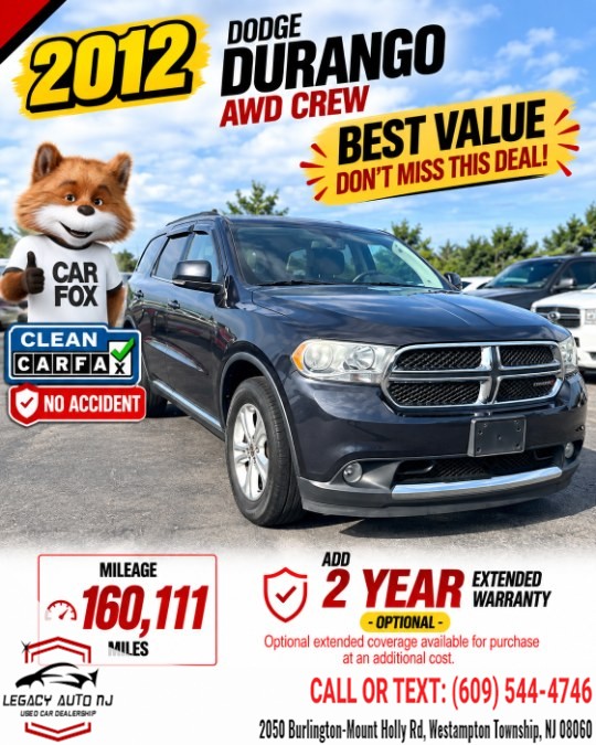 2012 Dodge Durango AWD 4dr Crew, available for sale in Westampton Township, New Jersey | Legacy Auto NJ. Westampton Township, New Jersey
