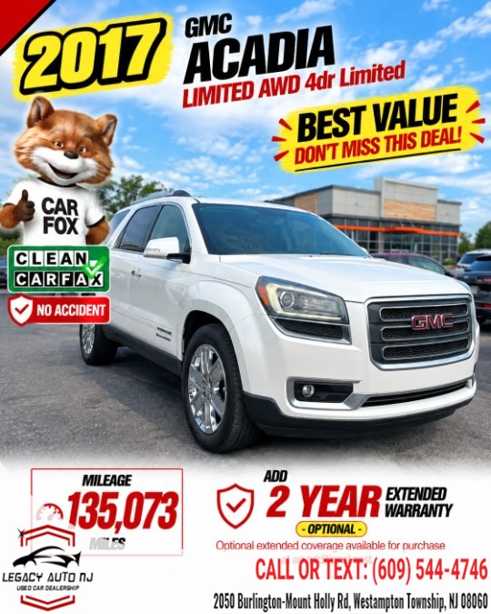 2017 GMC Acadia Limited AWD 4dr Limited, available for sale in Westampton Township, New Jersey | Legacy Auto NJ. Westampton Township, New Jersey