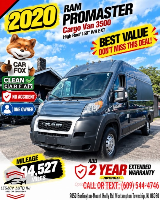 2020 Ram ProMaster Cargo Van 3500 High Roof 159" WB EXT, available for sale in Westampton Township, New Jersey | Legacy Auto NJ. Westampton Township, New Jersey