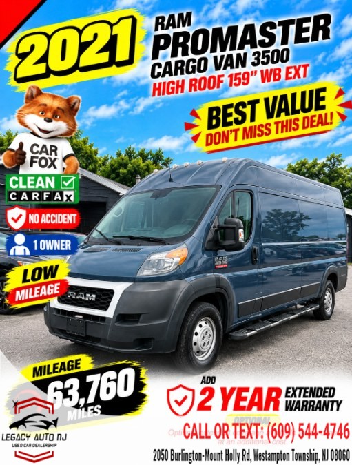 2021 Ram ProMaster Cargo Van 3500 High Roof 159" WB EXT, available for sale in Westampton Township, New Jersey | Legacy Auto NJ. Westampton Township, New Jersey