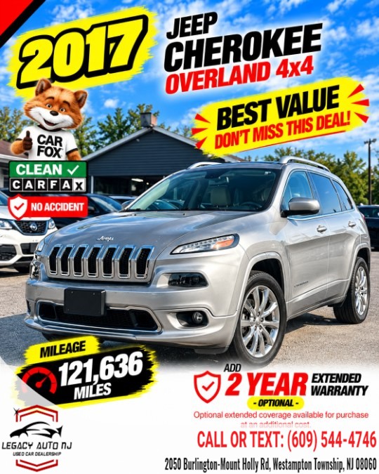 2017 Jeep Cherokee Overland 4x4, available for sale in Westampton Township, New Jersey | Legacy Auto NJ. Westampton Township, New Jersey